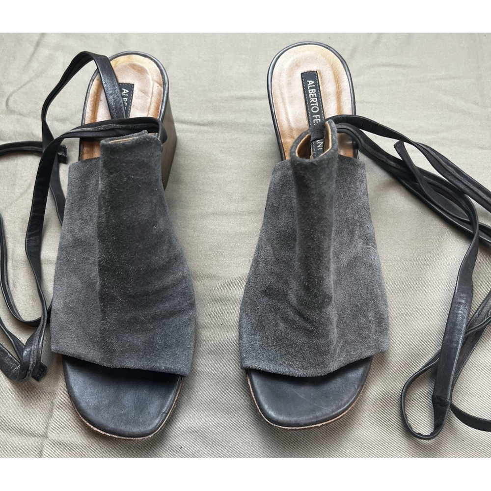 Alberto Fermani Mules Sandals  Heels Lace Up Leg Gray Suede Leather 39 US 8.5